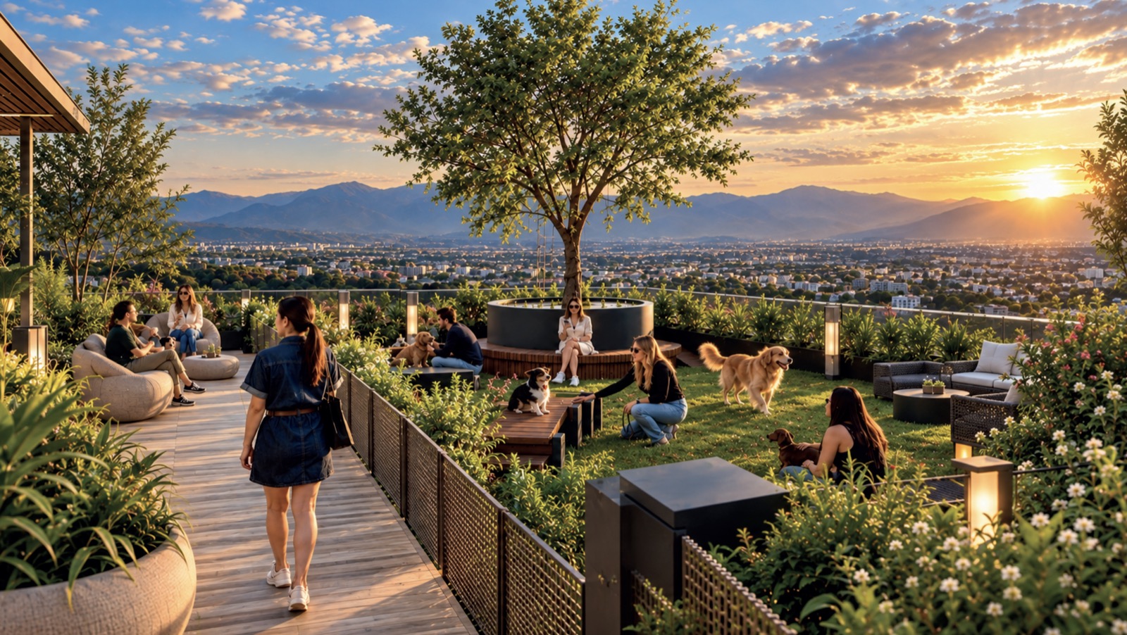 Dog Rooftop: área verde con mascotas y vista a la ciudad